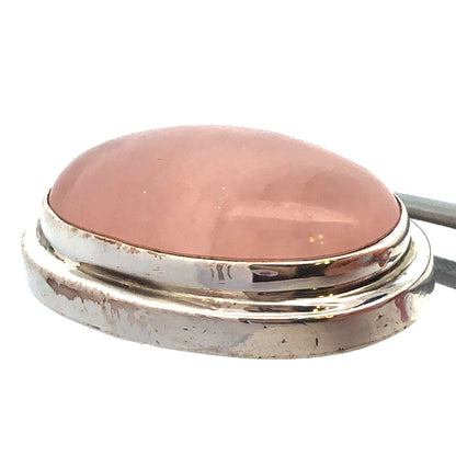 Vintage 925 Sterling Silver Oval Rose Quartz Cabochon Statement Pendant