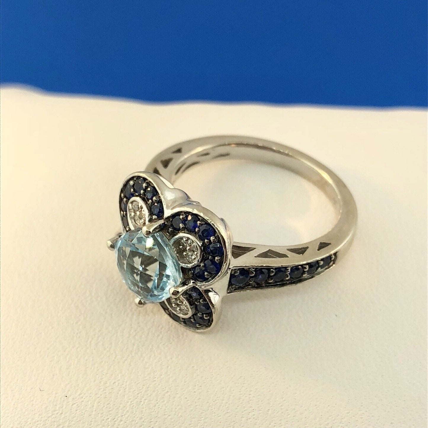 Le Vian 14K White Gold Blue Topaz Diamond Sapphire Flower Cluster Cocktail Ring