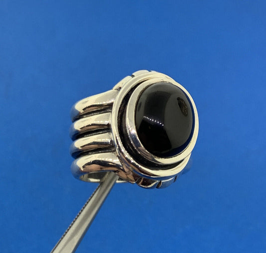 Designer 925 Sterling Silver Oval Black Onyx Cabochon Ribbed Statement Ring