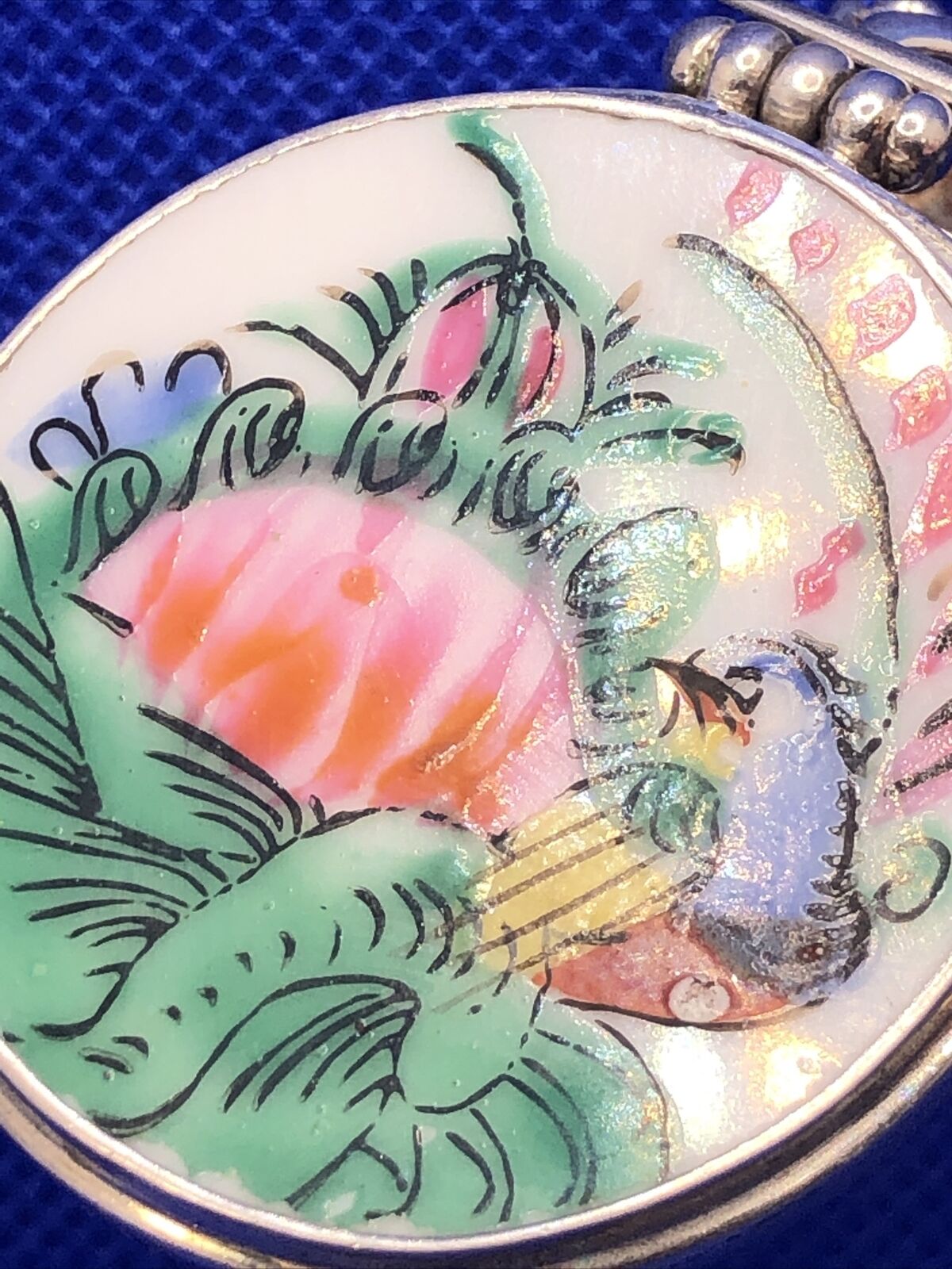 Designer Japanese 925 Sterling Silver Round Porcelain Hand Painted Pendant