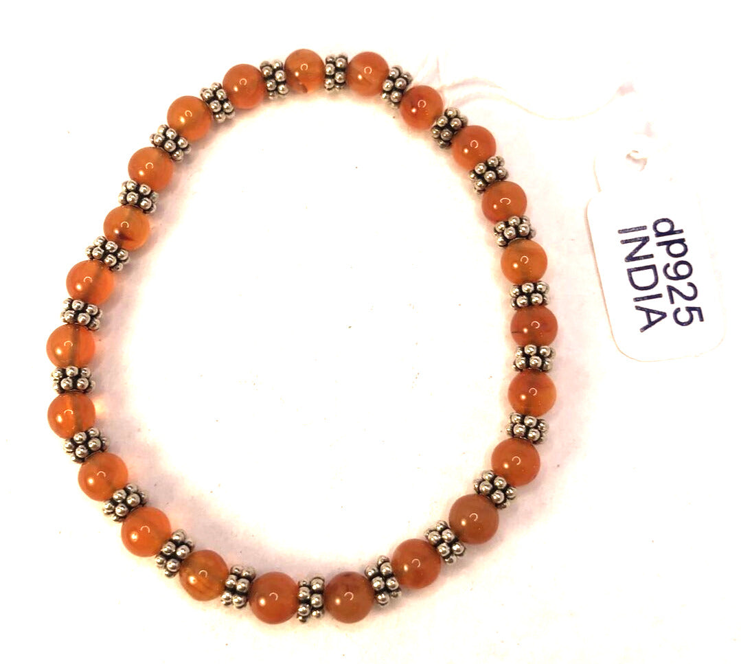 Doug Paulus 925 Sterling Silver Round Orange Aventurine Beaded Elastic Bracelet