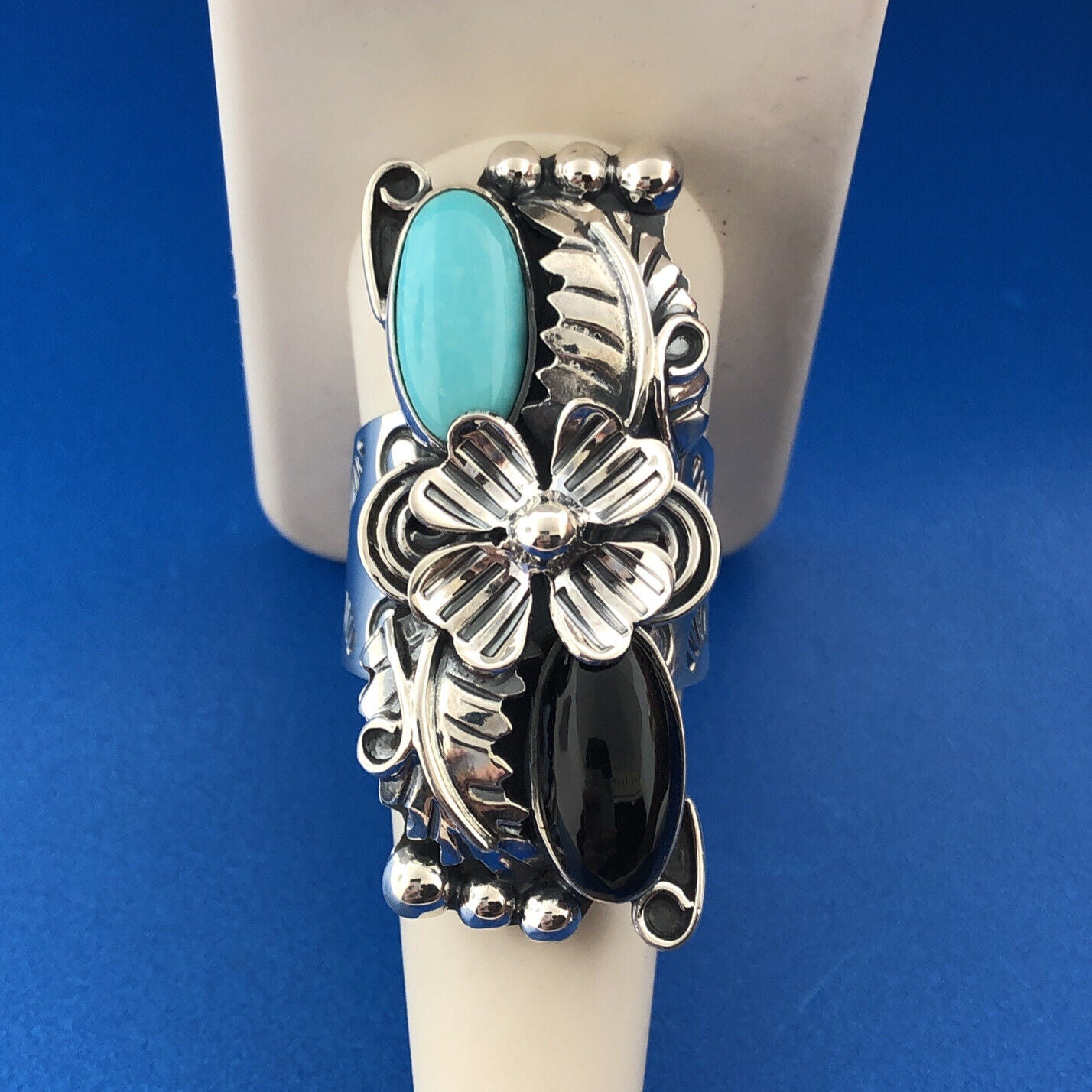 Sterling Silver 925 CII Mexico Cabochon Onyx Turquoise Finger Ring Size 9.75