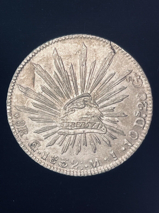 1832 Go Guanajuato Mexico 8 Reales .903 Silver M.J. 3 Dots After Date Straight J