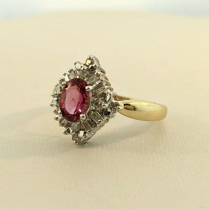 Stunning 14K Yellow White Gold Diamond Pink Tourmaline Engagement Occasion Ring