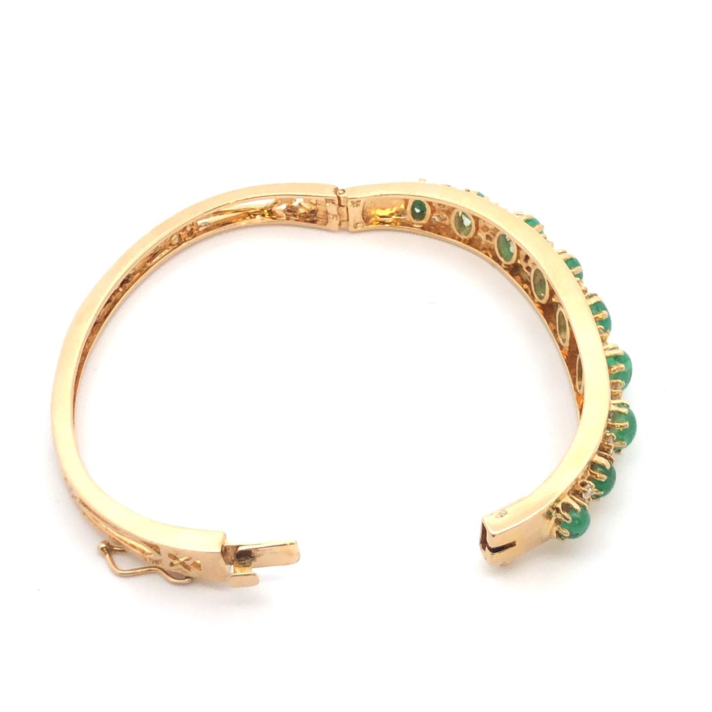 Designer 14k Yellow Gold Cabochon Emerald Diamond Hinged Cuff Bangle Bracelet
