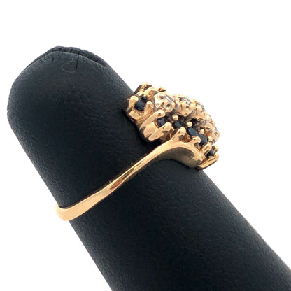 Designer WW 10K Yellow Gold Round Sapphire Diamond Oval Bypass Cluster Ring