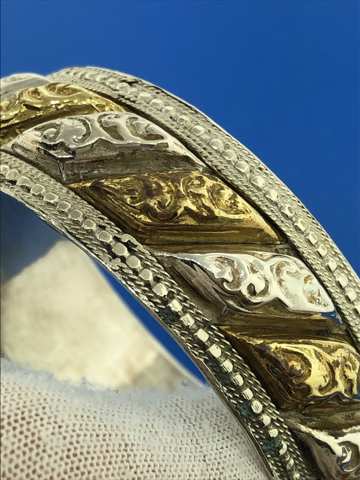 Artisan Two Tone Silver Plate Brass Stamped Beaded Wide Bangle Bracelet
