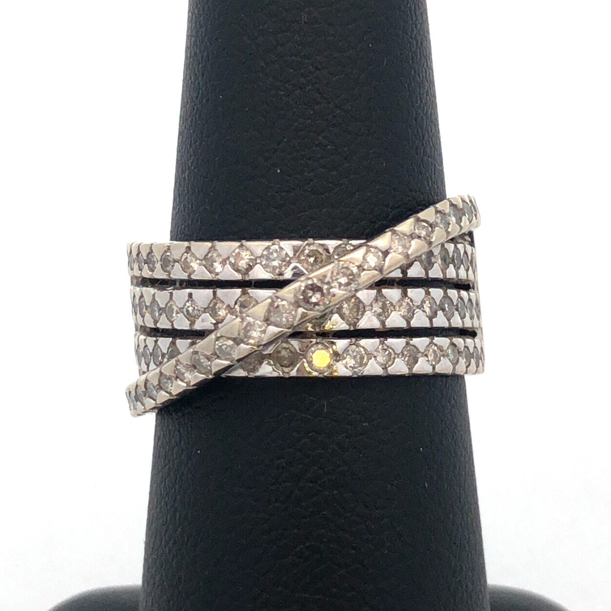 Designer 10K White Gold Diamond Crossover Four Band Anniversary Coctail Ring