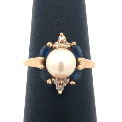 Designer 14K Yellow Gold Pearl Solitaire Sapphire Diamond Accented Cocktail Ring