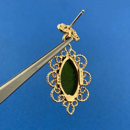 Vintage 14K Yellow Gold Marquis Jade Cabochon Filigree Dangle Drop Earrings