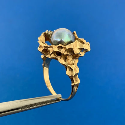 Gorgeous 14k Yellow Gold Black Pearl Diamond Nugget Basin Statement Ring Size 7