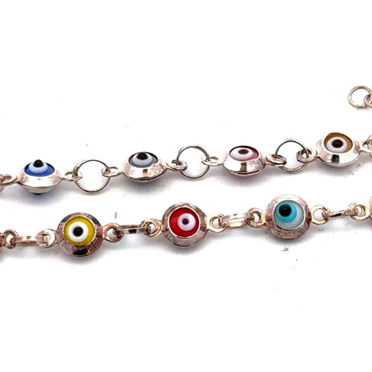 Estate 925 Sterling Silver Multicolor Evil Eye Bead Round Link 8.75" Bracelet