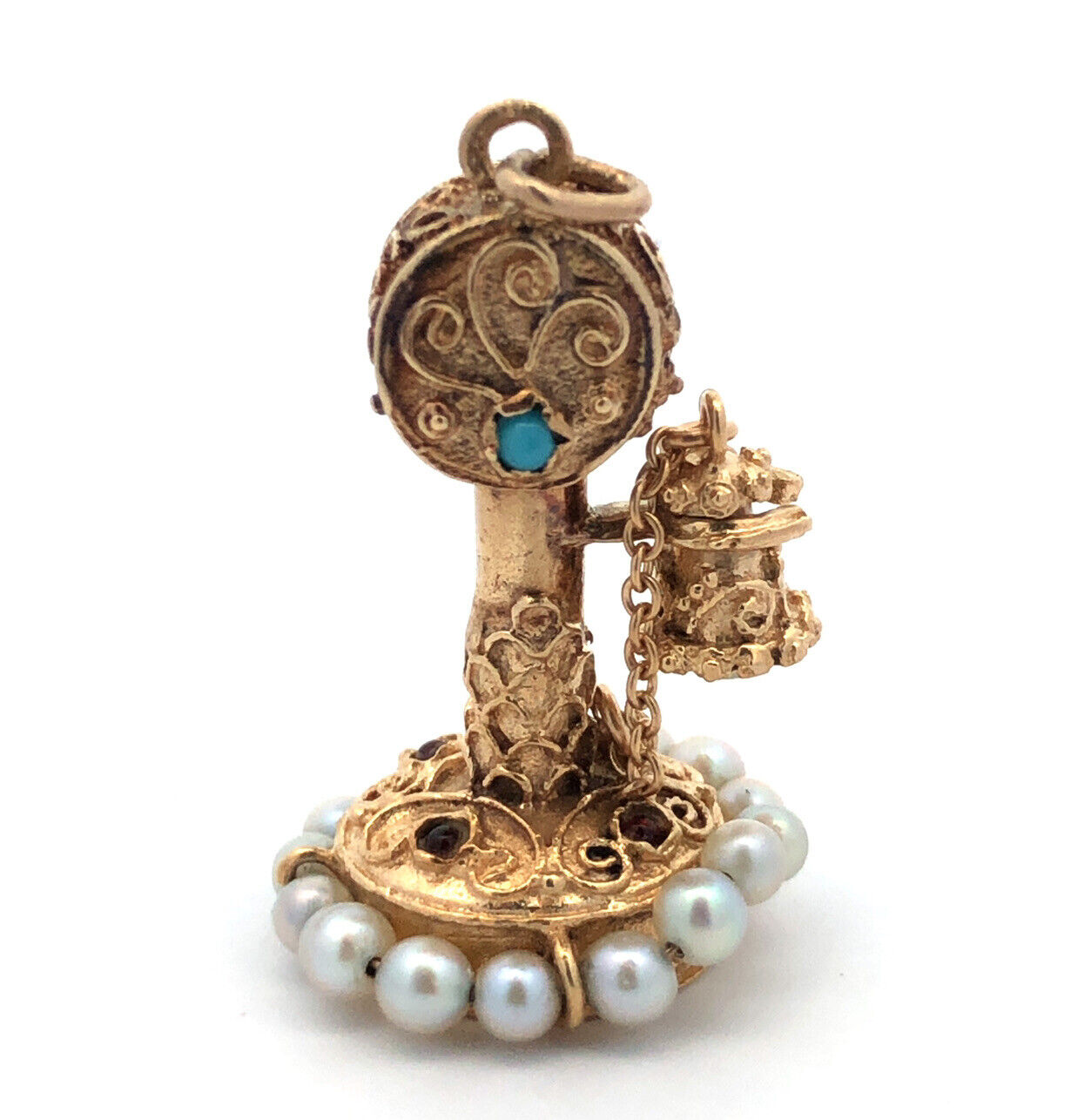 Art Nouveau 14K Yellow Gold Garnet Pearl Turquoise Coral Telephone Pendant