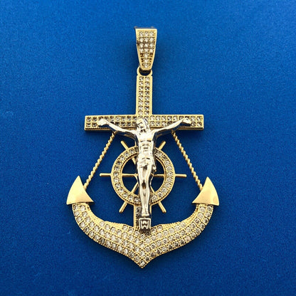10K Yellow White Gold CZ Statement Sailors Cross Anchor Mariners Cross Pendant