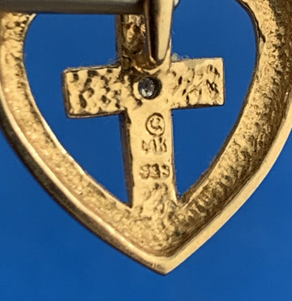 Designer 14K Yellow & White Diamond Cross Heart Religious Charm Pendant