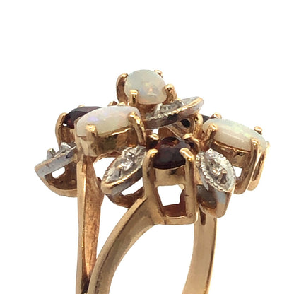 Vintage 14K Yellow Gold Opal Garnet Diamond Floral Cluster Anniversary Ring