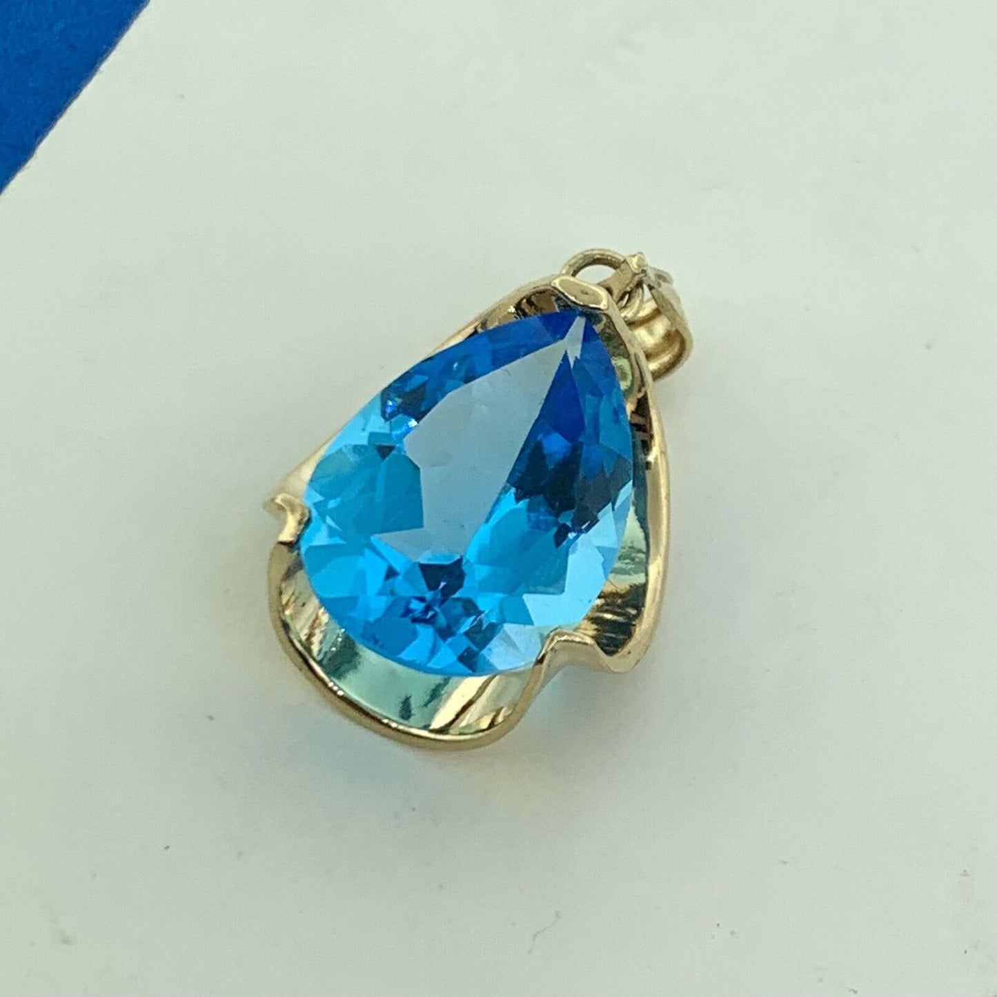 Designer 14K Yellow Gold Teal Sapphire Pear Solitaire Drop Pendant