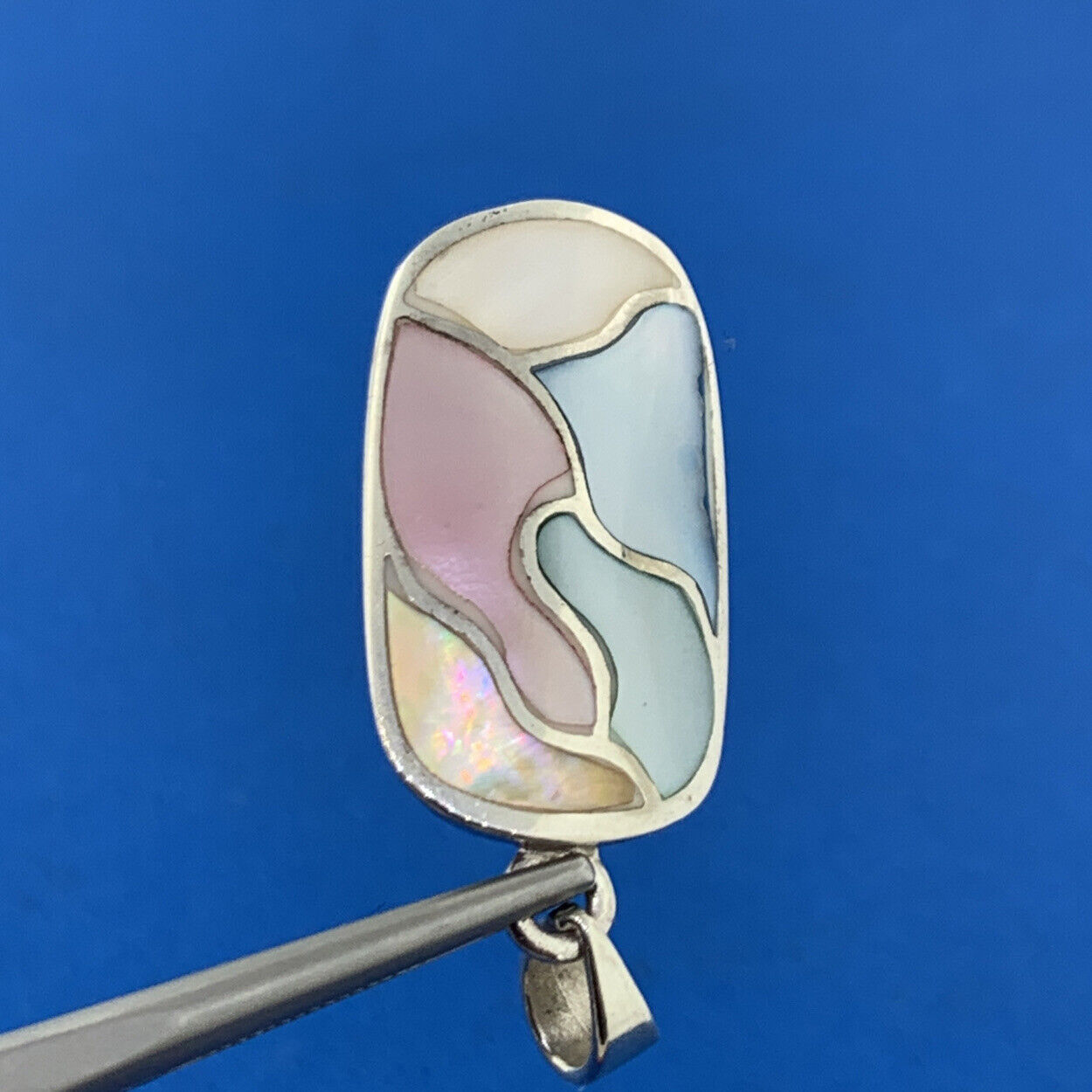 Designer 925 Sterling Silver Multicolor Mother Of Pearl Inlay Oval Drop Pendant