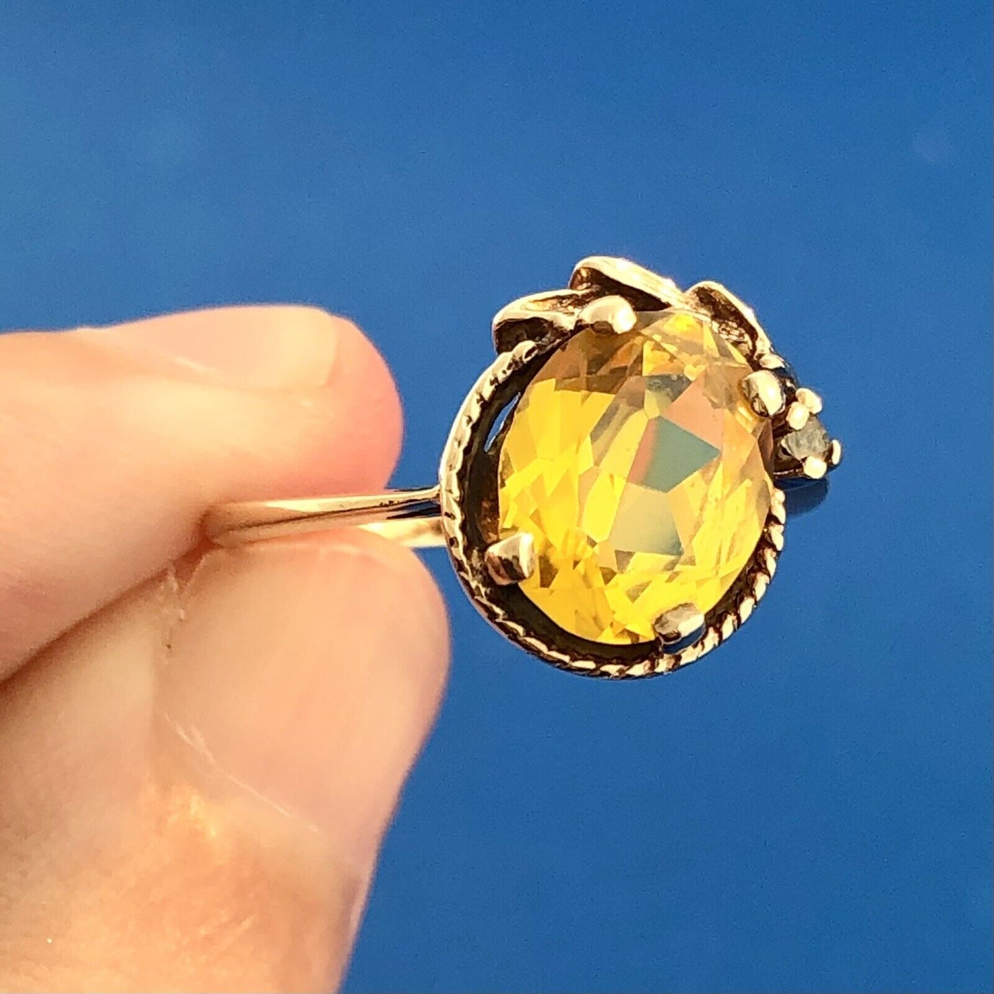 Retro TCI 10K Yellow Gold Oval Citrine Diamond Accent November Anniversary Ring