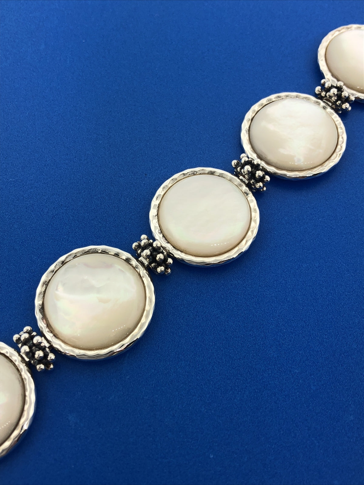 Designer Sterling Silver Mother Of Pearl Disc Panel Statement Toggle Bracelet