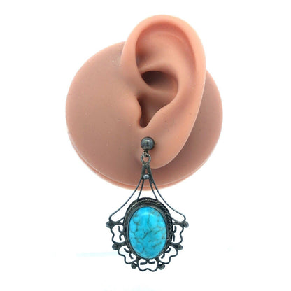 Vintage Taxco EMV 925 Sterling Silver Oval Larimar Cabochon Dangle Drop Earrings