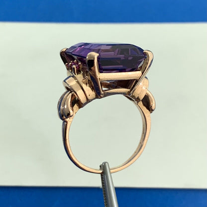 Estate Emerald Cut Amethyst Ruby Accents 14K Rose Gold Statement Cocktail Ring