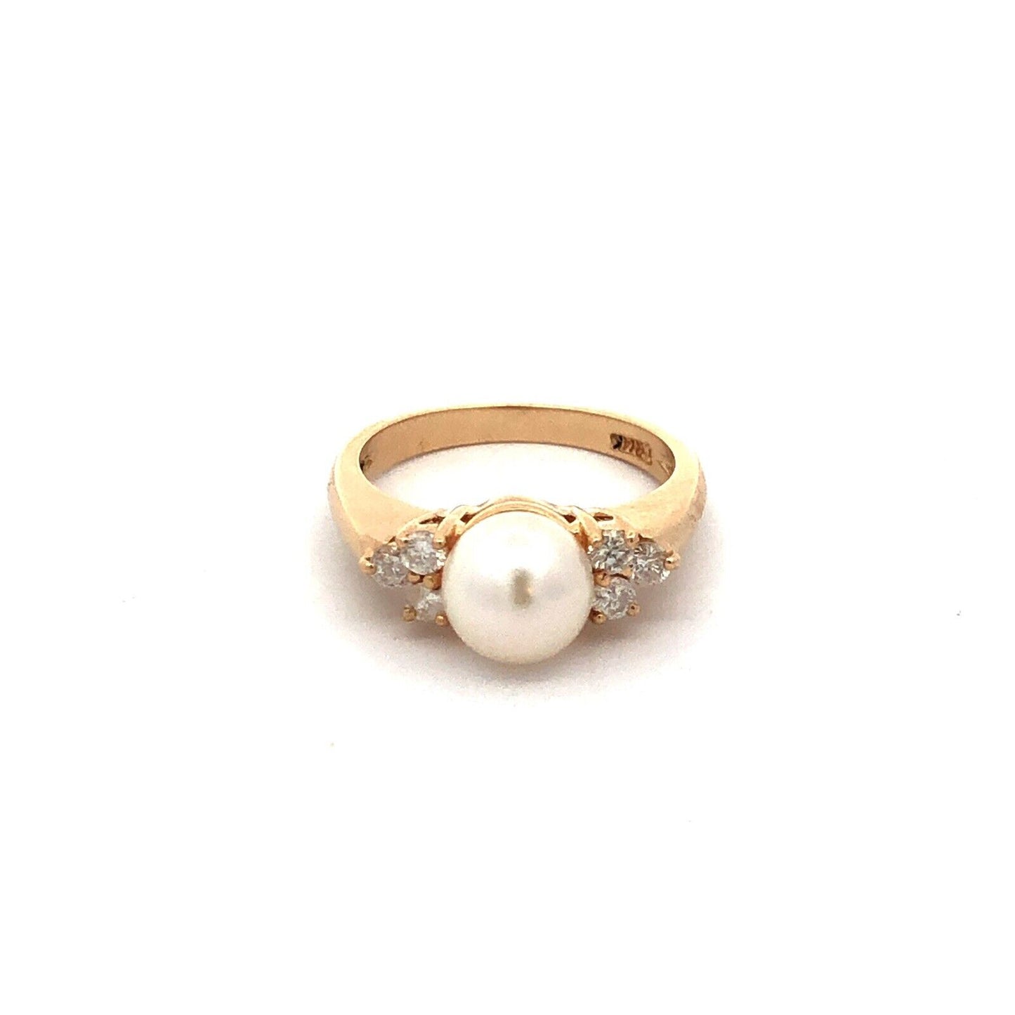 Designer 14K Yellow Gold Pearl Solitaire Round Diamond Accent Cocktail Ring