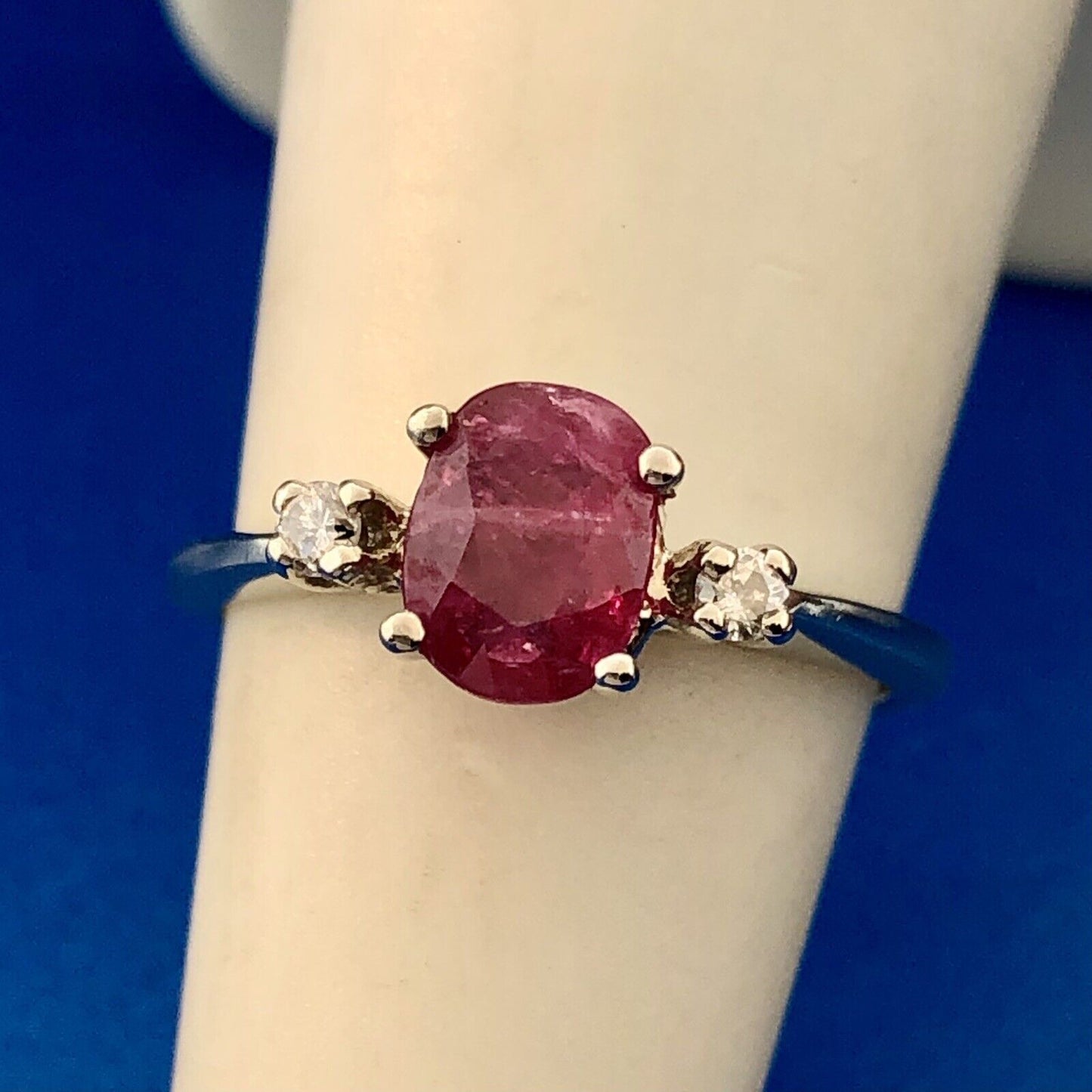 Vintage 14K White Gold Oval Ruby Solitaire Diamond Accent July Anniversary Ring