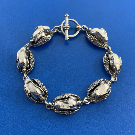 Vintage 925 Sterling Silver Rabbit In A Basket Peter Cottontail Toggle Bracelet
