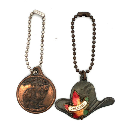 1940's Copper Yellowstone & Calgary Stetson Maple Leaf 2pc Souvenir Key Chains