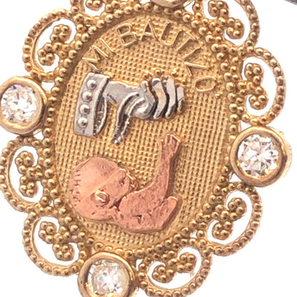 10K Tri Gold White Topaz Mi Bautizo God Bless Baptism Oval Filigree Pendant