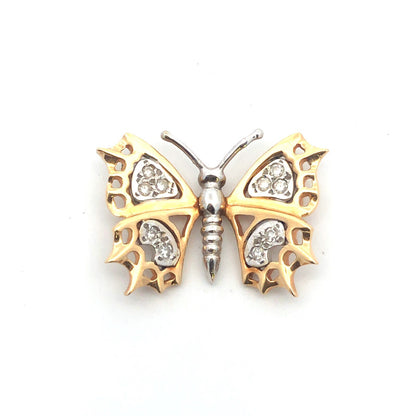 14K Yellow White Gold Diamond Two Toned Butterfly Pendant