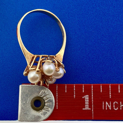 Vintage 14k Yellow Gold Ruby Pearl Cluster Modernist Free Form Cocktail Ring