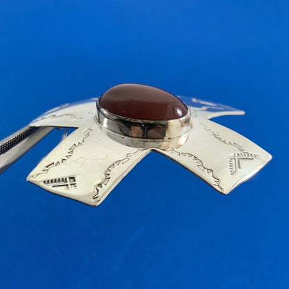 Navajo Ben J Chavez Sterling Silver Oval Carnelian Concho Cross Dangle Earrings