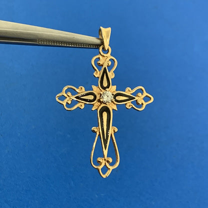 Retro 14K Yellow Gold Diamond Black Enamel Scroll Cross Religious Pendant