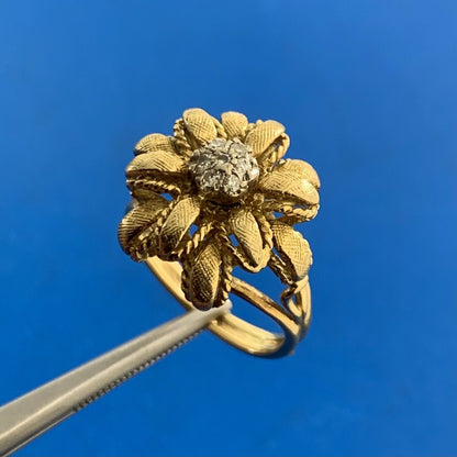 Vintage Designer 18K Yellow Gold Diamond Three Dimensional Flower Cocktail Ring