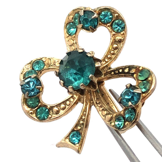 Mid Century CORO Gold Tone Aqua Rhinestone Good Luck 3 Leaf Clover Lapel Brooch