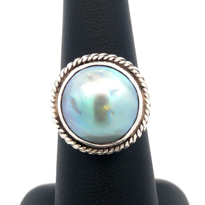 Vintage 925 Sterling Silver Round Akoya Pearl Bezel Solitaire Dome Ring