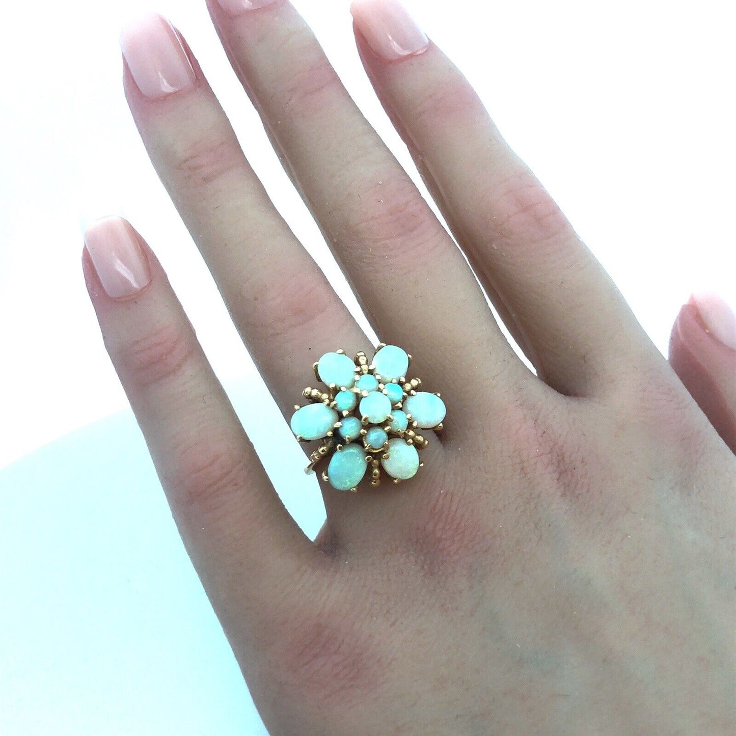 Stunning Vintage 14K Yellow Gold Opal Flower Cluster October Cocktail Ring