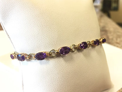 10k Yellow Gold Oval Amethyst February Birthday Anniversary Tennis Bracelet