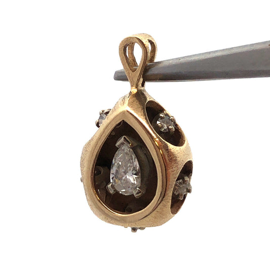 Vintage Custom 14K Yellow Gold Pear Round Diamond Teardrop Anniversary Pendant