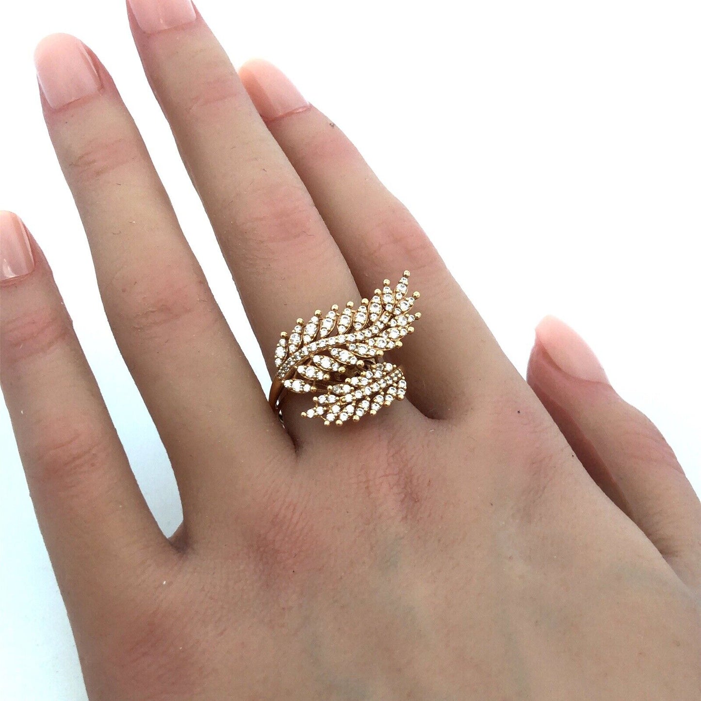 Designer 18K Yellow Gold Cubic Zirconia Leaves Feather Bypass Statement Ring
