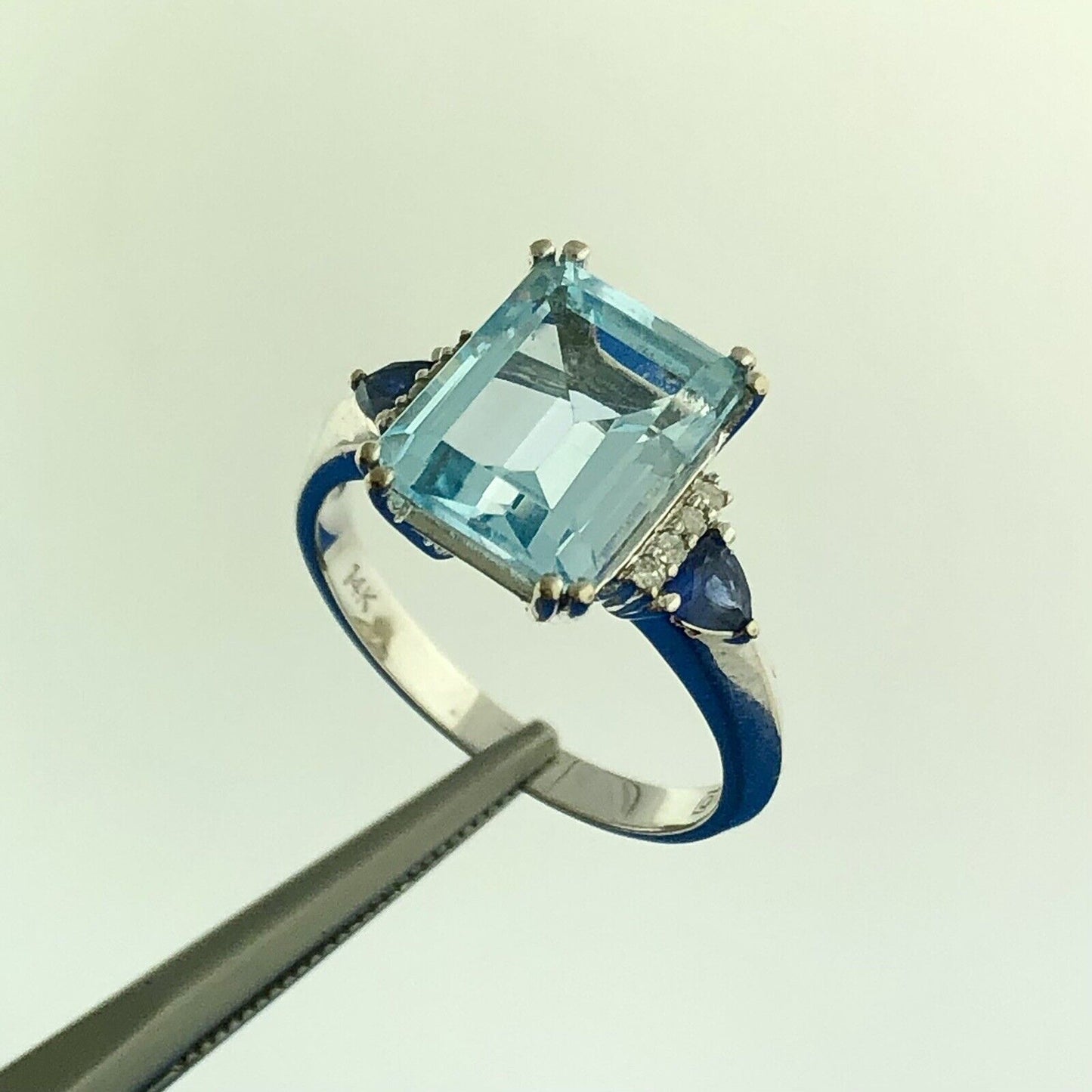 Retro 14K Wht Gold Blue Topaz Diamond Sapphire December Occasion Statement Ring