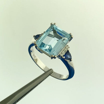 Retro 14K Wht Gold Blue Topaz Diamond Sapphire December Occasion Statement Ring