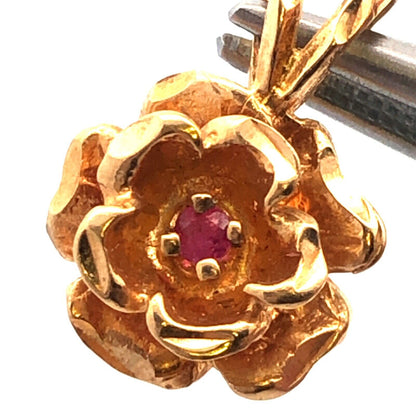 Vintage 14K Yellow Gold Ruby Rose Flower Petite Charm Pendant