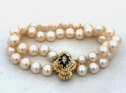 Estate 14K Yellow Gold Sapphire Diamond Pearl Double Strand Beaded Bracelet