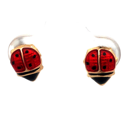Designer JCM 14KT Yellow Gold Red Black Enamel Lady Bug Stud Earrings