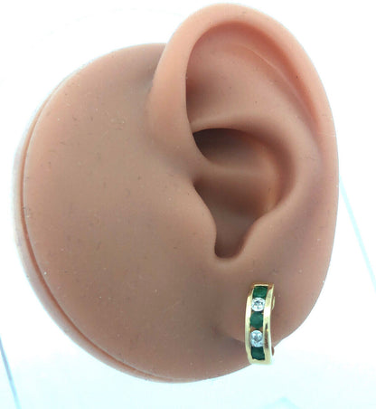 Elegant 14K Yellow Gold Emerald Diamond Channel Set Anniversary Huggie Earrings
