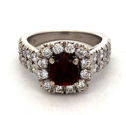 Designer RY 14K White Gold Square Red Tourmaline Diamond Halo Engagement Ring