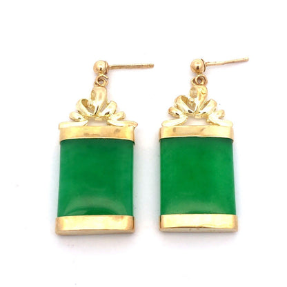 Estate 14K Yellow Gold Green Jade Rectangle Drop Dangle Stud Earrings